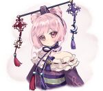  1girl aihira_(aihira12) atelier_(series) atelier_sophie bare_shoulders chinese_knot closed_mouth commentary_request corneria_(atelier) crescent cropped_legs cropped_torso dalachi_(headdress) endless_knot expressionless highres looking_at_viewer pink_eyes pink_hair short_hair solo tassel upper_body 