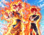  2boys absurdres armor aura biceps black_bodysuit blue_sash blue_shirt blue_sky blue_wristband bodysuit burning clenched_hands closed_mouth cloud commentary_request cowboy_shot crossed_arms day dougi dragon_ball dragon_ball_super dragon_ball_super_broly feet_out_of_frame fire frown gloves hands_up highres looking_away male_focus mocky_art multiple_boys muscular muscular_male outdoors pectoral_cleavage pectorals red_eyes red_hair saiyan_armor sash serious shirt sky smile son_goku spiked_hair standing super_saiyan super_saiyan_god v-shaped_eyebrows vegeta white_gloves wristband 
