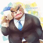  alli_paeonia anthro ashigara bear blush bouquet brown_body brown_fur clothing english_text eyebrows flower fur green_hair hair hi_res lifewonders male mammal necktie overweight plant solo suit text thick_eyebrows tokyo_afterschool_summoners 