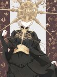  1other armor black_dress covered_eyes dark_souls_(series) dark_souls_i dark_sun_gwyndolin dress gold_armor gold_headwear helmet helmet_over_eyes highres long_sleeves pale_skin short_hair solo spiked_helmet spiked_necklace sun_symbol susukeya 