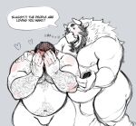  &lt;3 anthro beard blush body_hair bovid bovine cattle chest_hair dialogue duo english_text facial_hair hair happy horn humanoid juicestandmango male mammal monochrome moobs orc overweight overweight_anthro overweight_male phone shy sketch speech_bubble text 