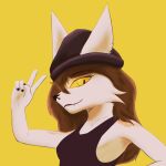 1:1 5_fingers anthro arm_markings beanie black_beanie black_clothing black_fingernails black_hat black_headwear black_nails black_nose black_shirt black_tank_top black_topwear breasts brown_eyebrows brown_hair bust_portrait canid canine canis closed_smile clothed clothed_anthro clothed_female clothing colored_nails cute_fangs digital_media_(artwork) dini_(tiny_dini) domestic_cat eyebrow_through_hair eyebrows eyelashes facial_piercing fangs felid feline felis female female_anthro fingernails fingers fur furgonomic_hat furgonomic_headwear furgonomics gesture gesturing_at_viewer hair hand_gesture hat headgear headwear humanoid_hands long_hair looking_at_viewer mammal markings mouth_closed nails nose_piercing piercing portrait septum_piercing shirt shoulder_markings simple_background small_breasts smile smiling_at_viewer solo tan_markings tank_top teeth tinydini_(artist) topwear translucent translucent_hair v_sign white_body white_fur wolf yellow_background yellow_eyes yellow_sclera