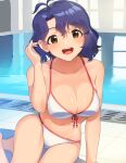  1girl :d bare_shoulders bikini breasts brown_eyes cleavage collarbone commentary_request front-tie_bikini_top front-tie_top idolmaster idolmaster_million_live! idolmaster_million_live!_theater_days kamille_(vcx68) large_breasts looking_at_viewer pool poolside purple_hair short_hair smile solo swimsuit toyokawa_fuka white_bikini 
