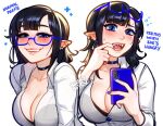  1girl artist_name bangs black_choker black_hair blue-framed_eyewear blue_nails blushyspicy breasts choker cleavage collarbone commentary earrings glasses holding holding_phone jewelry large_breasts mole mole_under_eye office_lady original phone pointy_ears sharp_teeth shirt teeth vampire vampire_secretary_(blushypixy) white_shirt 