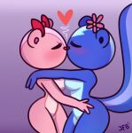 2021 accessory blue_body blush bow_ribbon breasts chipmunk curvy_figure eyes_closed featureless_breasts female female/female giggles_(htf) ground_squirrel hair_accessory hair_bow hair_ribbon happy_tree_friends head_flower heart_symbol hi_res hug j.fbelen kissing mammal mephitid petunia_(htf) pink_body ribbons rodent sciurid skunk