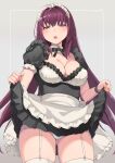  1girl alternate_costume apron bangs black_dress blush breasts cleavage clothes_lift detached_collar dress dress_lift enmaided fate/grand_order fate_(series) frills garter_straps grey_background hair_between_eyes hair_intakes highres hip_focus large_breasts lifted_by_self long_hair looking_at_viewer maid maid_apron maid_headdress neck_ribbon nuko_(mikupantu) panties puffy_short_sleeves puffy_sleeves purple_hair red_eyes revision ribbon scathach_(fate) short_sleeves simple_background smile solo thighhighs thighs underwear waist_apron white_panties white_thighhighs wrist_cuffs 