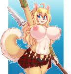 anthro armor belt big_breasts blonde_hair blue_eyes bone bottomwear breasts clothed clothing cute_fangs dobrota female freya_eisfried fur hair hi_res holding_object holding_weapon kilt long_hair melee_weapon nipples open_mouth partially_clothed polearm raised_arm skirt skull skull_belt smile solo spear tan_body tan_fur topless vambraces weapon 