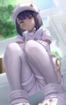  1girl a_(naccyo43) absurdres aether_foundation_employee aether_foundation_uniform black_hair blush buttons commentary fence gloves hat highres looking_down overall_shorts overalls pantyhose parted_lips pigeon-toed pokemon pokemon_sm shoes short_hair solo squatting tree white_footwear white_gloves white_hat white_pantyhose 