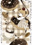  1girl animal_ears bear_ears bear_girl bear_tail black_footwear bow bowtie brown_eyes cherry coffee coffee_beans commentary cookie cup doughnut dress eating food food_on_head fruit highres key light_brown_hair looking_at_viewer looking_back myu_(3u_gumi) no_pupils object_on_head original plaid plaid_background plaid_dress short_hair solo spoon sugar_cube symbol-only_commentary tail 