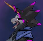  anthro bandai_namco belt black_body black_sclera bodily_fluids cape clothing cunningwise digimon digimon_(species) digimon_ghost_game duo fish_hooking gulusgammamon hi_res horn male mouth_play open_mouth saliva scalie sharp_teeth teeth tongue tongue_out 