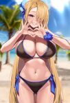  1girl absurdres alternate_costume ass_visible_through_thighs asuna_(blue_archive) bangs bare_shoulders bikini black_bikini blonde_hair blue_archive blue_eyes blue_ribbon blurry blurry_background blush breasts cleavage grin hair_over_one_eye hair_ribbon halo heart heart_hands highres large_breasts long_hair looking_at_viewer mole mole_on_breast navel revision ribbon rinhee side-tie_bikini_bottom smile solo stomach sunlight swimsuit thighs tree very_long_hair water 
