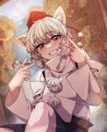  1girl :d animal_ear_fluff animal_ears bangs bare_shoulders black_skirt blue_sky double_v grin highres inubashiri_momiji looking_at_viewer outdoors pom_pom_(clothes) red_eyes shirt short_hair skirt sky smile solo teeth touhou tree v white_hair white_shirt white_sleeves wolf_ears wolf_girl wujurana 