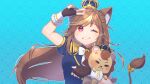 1girl animal animal_ear_fluff animal_ears bangs black_gloves blonde_hair blue_background blue_jacket blush breasts brown_hair commission crown english_commentary fingerless_gloves gloves hazumi_aileen highres holding holding_animal indie_virtual_youtuber jacket lion lion_ears lion_tail long_hair medium_breasts mixed-language_commentary multicolored_hair one_eye_closed orange_nails red_eyes sakuhana87 skeb_commission smile solo streaked_hair tail v v-shaped_eyebrows very_long_hair virtual_youtuber watermark 