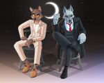  anjing_kampuss anthro black_clothing black_sclera black_suit brown_body brown_fur canid canine canis chair clothed clothing crescent_moon crossed_legs death_(puss_in_boots) digital_media_(artwork) dreamworks dress_shoes duo fur furniture grey_body grey_fur hi_res looking_at_viewer male male/male mammal moon mr._wolf_(the_bad_guys) necktie on_chair puss_in_boots_the_last_wish red_eyes sitting sitting_on_chair sky smile star starry_sky suit the_bad_guys white_clothing white_suit wolf yellow_sclera 