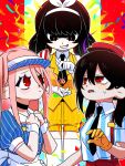  3girls bbabbamis2 black_eyes black_hair blue_dress borrowed_character commentary_request confetti dress grin hairband heroine_(homicipher) highres homicipher korean_commentary long_hair mesmerizer_(vocaloid) multiple_girls pink_hair puffy_pants puffy_short_sleeves puffy_sleeves red_eyes shirt short_sleeves shorts smile striped_clothes striped_shirt twintails vest white_shirt yellow_vest 