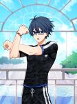  1boy absurdres asuma_(hanezu) blue_eyes blue_hair bracelet dankira!!! glasses highres jewelry looking_at_viewer male_focus male_swimwear open_mouth poolside rash_guard short_hair short_sleeves solo stretching swim_trunks yano_reiji 