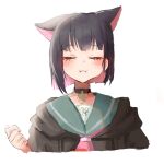  1girl :i animal_ears bangs black_hair black_hoodie blue_archive blush cat_ears chewing closed_eyes collar colored_inner_hair cropped_torso hand_up highres hood hoodie kazusa_(blue_archive) multicolored_hair necktie nonoa pink_necktie sailor_collar short_hair simple_background upper_body white_background 
