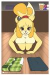  2023 absurd_res alanscampos all_fours animal_crossing anthro blush book border breasts canid canine canis clothing digital_media_(artwork) domestic_dog female fingers hair hi_res isabelle_(animal_crossing) looking_at_viewer mammal nintendo shih_tzu solo text toy_dog url white_border 