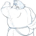  anthro belly biceps blush bulge butt canid canine canis clothing domestic_dog embarrassed hi_res jockstrap lifewonders live_a_hero looking_back male mammal mohumohudansi mokdai overweight sketch solo underwear 
