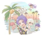  6+boys bachira_meguru beach_umbrella black_hair blue_eyes blue_lock bottle bright_pupils brown_eyes character_name character_request chibi chigiri_hyoma closed_eyes commentary_request dated english_text flower flower_necklace food food_print gagamaru_gin glowstick green_male_swimwear grey_hair hair_between_eyes hammock happy_birthday hawaiian_shirt highres holding holding_bottle holding_food holding_glowstick howa_bonmama innertube isagi_yoichi jumping kunigami_rensuke lei long_hair looking_at_viewer male_focus male_swimwear mikage_reo multiple_boys nagi_seishirou open_mouth orange_hair outdoors palm_tree ponytail purple_eyes purple_hair red_eyes red_hair shirt short_hair short_ponytail short_sleeves smile sunset surfboard surfing swim_trunks swimming teeth topless_male translation_request tree umbrella upper_teeth_only v white_pupils 