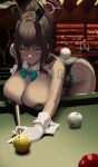  1girl absurdres animal_ears ball bangs bare_shoulders billiard_ball billiards black_hair black_leotard blue_archive blurry blurry_background blush breasts cleavage cue_stick dark-skinned_female dark_skin detached_collar fake_animal_ears fishnet_pantyhose fishnets gloves halo highleg highleg_leotard highres holding_cue_stick karin_(blue_archive) karin_(bunny)_(blue_archive) large_breasts leavv leotard long_hair looking_at_viewer pantyhose playboy_bunny ponytail pool_table rabbit_ears rabbit_tail sidelocks solo table tail very_long_hair white_gloves yellow_eyes 