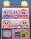  alternate_language blue_eyes blush_stickers closed_eyes closed_mouth copy_ability crown english_text fire fire_kirby headphones highres ice ice_kirby kirby kirby_(series) looking_at_viewer miclot mike_kirby needle_kirby no_humans open_mouth pink_footwear shoes sitting sleep_kirby smile star_(symbol) vending_machine 