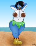 2019 absurd_res accessory anthro avian beach beak belly big_breasts bird black_hair blue_body blue_featehers bow_ribbon breasts coconut coconut_bra drupe_(fruit) feathers female food fruit grass_skirt green_eyes hair hair_accessory hair_bow hair_ribbon hands_behind_head hi_res holly_(check2you) huge_breasts lei looking_at_viewer multicolored_body multicolored_feathers navel penguin plant pudgy_belly ribbons sand sea seaside smile smiling_at_viewer smirk solo thick_thighs two_tone_body two_tone_feathers water white_body white_feathers wide_hips xmetalhusky yellow_talons 