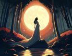  1girl backlighting belt brown_hair commentary dress english_commentary flower forest full_moon glowing grass huge_moon krita_(medium) long_dress long_hair looking_afar moon moon_behind_head moonlight nature night night_sky nubrix on_rock original outdoors pond reflection reflective_water rock scenery short_sleeves sky solo standing tree white_dress white_flower 