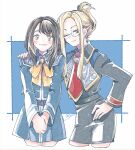  2girls arm_around_shoulder artist_name black_hair blonde_hair blue_background blue_eyes blue_jacket blue_skirt blush border brown_eyes brown_hair cropped_legs final_fantasy final_fantasy_viii glasses gold_trim hand_on_own_hip jacket long_hair long_sleeves looking_at_viewer michibata_65 military_jacket military_uniform multicolored_hair multiple_girls neckerchief necktie one_eye_closed parted_bangs quistis_trepe red_necktie rinoa_heartilly school_uniform seed_uniform_(ff8) silver_trim skirt smile streaked_hair updo v_arms white_border yellow_neckerchief 