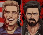  2boys absurdres beard billy_butcher black_hair black_jacket blonde_hair blue_bodysuit bodysuit colart606 facial_hair highres homelander jacket looking_at_viewer male_focus multiple_boys open_mouth parted_lips red_eyes short_hair smile the_boys thisuserisalive upper_body vs 