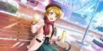  1girl absurdres argyle argyle_sweater bangs beret blush brown_hair building bush coat cup day ferris_wheel hat highres holding holding_cup holding_thermos koizumi_hanayo lamppost long_sleeves looking_at_viewer love_live! love_live!_school_idol_festival_all_stars official_art on_bench open_mouth outdoors purple_eyes sash scarf short_hair sitting skirt sky smile snow solo sparkle steam sweater thermos winter 