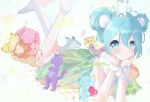  1girl bangs blue_eyes blush cat double_bun doubutsu_uranai_(vocaloid) dress elephant feet_up frilled_dress frills fur_collar hair_bun hair_ornament hands_on_own_cheeks hands_on_own_face hatsune_miku heart koala lion looking_at_viewer lying monkey no_shoes on_stomach pegasus pom_pom_(clothes) pom_pom_hair_ornament raccoon renren_(pixiv22963369) sheep sleeveless sleeveless_dress smile socks solo tiger vocaloid wolf wrist_cuffs 