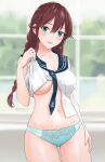  1girl bangs blue_panties blue_sailor_collar braid brown_hair fugu_custom green_eyes highres indoors kantai_collection midriff necktie no_bra noshiro_(kancolle) panties sailor_collar sailor_shirt school_uniform serafuku shirt solo swept_bangs twin_braids underwear window 