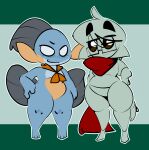 1upgobbo anthro blue_body blue_scales cheek_fins duo eyewear female fin generation_2_pokemon generation_3_pokemon glasses hand_on_hip head_fin hi_res jay_(1upgobbo) mabel_(1upgobbo) male markings marshtomp mostly_nude nintendo pokemon pokemon_(species) pupitar scales scarf scarf_only simple_background smile spots spotted_body tail tail_fin