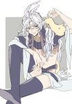  1boy black_footwear black_jacket boots border cropped_jacket crossed_legs feather_hair_ornament feathers final_fantasy final_fantasy_ix foot_out_of_frame grey_background grey_hair hair_between_eyes hair_ornament highres jacket kuja long_hair male_focus midriff monkey_tail navel otoko_no_ko sash sitting solo tail thigh_boots waist_sash white_border wide_sleeves yoshidaaaan 
