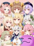  1other 6+girls :d ;) ;p absurdres animal_ears bangs bangs_pinned_back bead_necklace beads bell black_eyes black_scarf blonde_hair blunt_bangs braid brown_hair cat_ears cat_girl chinese_clothes commentary_request detached_sleeves diona_(genshin_impact) dori_(genshin_impact) flower genshin_impact gloves gradient_hair green_eyes grey_hair hair_bell hair_between_eyes hair_flower hair_ornament hair_ribbon halo hat highres hoshitsuki_higan jewelry jiangshi jinni_(genshin_impact) klee_(genshin_impact) light_brown_hair long_hair long_sleeves low_twintails lumine_(genshin_impact) mechanical_halo multicolored_hair multiple_girls nahida_(genshin_impact) necklace ofuda one_eye_closed orange_eyes paimon_(genshin_impact) parted_lips pink_hair pointy_ears purple_eyes purple_hair qing_guanmao red_eyes ribbon sayu_(genshin_impact) scarf short_hair short_hair_with_long_locks side_ponytail sidelocks single_braid sleeveless smile symbol-shaped_pupils thick_eyebrows tongue tongue_out twin_braids twintails two-tone_hair white_gloves yaoyao_(genshin_impact) yellow_eyes 