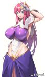  1girl armpits ass_visible_through_thighs blue_eyes breasts cameltoe collar covered_navel gloves gold_trim gundam gundam_seed gundam_seed_destiny hair_ornament highleg highleg_leotard highres impossible_clothes impossible_leotard leotard long_hair medium_breasts meer_campbell multicolored_leotard nagase_haruhito open_mouth pink_hair purple_leotard simple_background smile solo star_(symbol) star_hair_ornament teeth thong_leotard upper_body upper_teeth_only white_background white_collar white_gloves white_leotard 