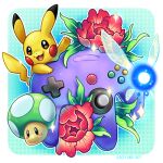  1-up_mushroom brown_eyes controller english_commentary flower game_console game_controller highres kaceymeg looking_at_viewer mario_(series) navi nintendo nintendo_64 no_humans open_mouth pikachu pokemon pokemon_(creature) red_flower smile the_legend_of_zelda 