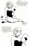  anthro bell bell_collar bovid breasts caprine cleavage clothed clothing collar comic dialogue english_text female fur hi_res horn lana_(tegerio) leotard mammal paper pen pen_cup sheep solo tegerio text wool_(fur) 