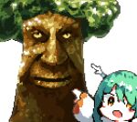  1girl antlers bangs ceres_fauna downvote_(downvote_me) green_hair hair_over_one_eye hololive hololive_english long_hair looking_at_viewer meme open_mouth pixel_art pointing pointing_at_another simple_background tree two_soyjaks_pointing_(meme) white_background wise_mystical_tree_(meme) yellow_eyes 