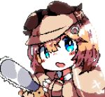  1girl blonde_hair blue_eyes bob_cut brown_capelet brown_coat bubba_(watson_amelia) capelet chainsaw chainsaw_man coat cosplay deerstalker downvote_(downvote_me) hat holding holding_chainsaw hololive hololive_english looking_at_viewer medium_hair open_mouth pixel_art pochita_(chainsaw_man) pochita_(chainsaw_man)_(cosplay) simple_background watson_amelia white_background 