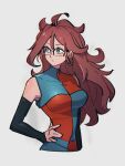  1girl ahoge android_21 black_sleeves blue_eyes breasts brown_hair checkered_clothes checkered_dress detached_sleeves dragon_ball dragon_ball_fighterz dress earrings glasses hand_on_hip hoop_earrings jewelry kemachiku large_breasts long_hair looking_afar messy_hair solo upper_body 