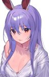  1girl akagashi_hagane alternate_eye_color animal_ears bangs blush breasts brown_eyes cleavage closed_mouth collarbone commentary_request hair_between_eyes large_breasts long_hair looking_at_viewer mole mole_on_breast off_shoulder purple_hair rabbit_ears rabbit_girl reisen_udongein_inaba shirt sidelocks simple_background smile solo tongue tongue_out touhou upper_body white_background white_shirt 