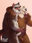  2023 anthro balls black_nose brown_body butt canid canine duo embrace erection genitals hi_res hug male male/male mammal mature_male mustelid otter overweight overweight_male penis skrawl 