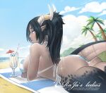  animal_humanoid beach beverage big_butt bikini bra butt clothing cloud dragon dragon_humanoid female hair horn humanoid lizard looking_back lying not_furry on_front panties rajas_ledies reptile scalie sea seaside sky solo swimwear tied_hair towel underwear water watermark 