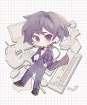  1boy animal bangs black_hair blush book cat chibi computer earrings english_text formal frown full_body gloves grid_background hand_in_pocket highres instrument jewelry keyboard_(computer) keyboard_(instrument) long_sleeves male_focus mouse_(computer) neck_ribbon purple_eyes ribbon sebastian_(stardew_valley) short_hair solo speech_bubble stardew_valley suit sweat ying_zui_yu_weiba_de_shengzhang 