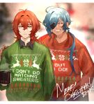  2boys ^_^ black_shirt blue_hair christmas christmas_sweater closed_eyes clothes_writing collared_shirt cup dark-skinned_male dark_skin diluc_(genshin_impact) earrings english_commentary genshin_impact hair_behind_ear hair_between_eyes hand_in_pocket highres jewelry kaeya_(genshin_impact) long_hair low_ponytail male_focus merry_christmas mug multiple_boys one_eye_covered parted_lips perdizzion red_hair red_sweater shirt smile smirk steam sweater 