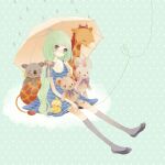  1girl bangs blush collared_dress doubutsu_uranai_(vocaloid) dress flats glassdolly green_hair grey_eyes hair_ribbon hatsune_miku heart heart_of_string holding holding_umbrella invisible_chair kneehighs long_hair looking_at_viewer low_ponytail nose_blush polka_dot polka_dot_background rain ribbon short_sleeves sitting socks solo striped striped_dress stuffed_animal stuffed_bunny stuffed_duck stuffed_giraffe stuffed_koala stuffed_toy teddy_bear umbrella very_long_hair vocaloid 