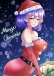  1girl breasts christmas commentary_request dress elbow_gloves fur-trimmed_dress fur-trimmed_gloves fur-trimmed_headwear fur_trim gloves hat highres large_breasts looking_at_viewer merry_christmas mononobe_kanako purple_hair red_dress red_eyes red_gloves red_headwear santa_dress santa_hat short_hair snowflakes solo touhou yasaka_kanako 