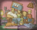  2boys 3girls absurdres animification antennae arm_around_shoulder artist_name baby bald bart_simpson blonde_hair blue_hair blush bow breasts brother_and_sister carlos-mp cat collar colored_sclera colored_skin commentary couch crt denim denim_shorts dog dress english_commentary facial_hair family father_and_daughter father_and_son food green_dress hair_bow highres homer_simpson indoors jeans jewelry lamp lisa_simpson long_hair maggie_simpson marge_simpson mother_and_daughter mother_and_son multiple_boys multiple_girls necklace on_couch open_mouth pacifier pants pearl_necklace phone picture_(object) popcorn reading red_dress red_shirt rug shirt short_sleeves shorts siblings sisters sitting small_breasts smile spiked_hair studio_ghibli_(style) teeth television the_simpsons white_shirt yellow_sclera yellow_skin 